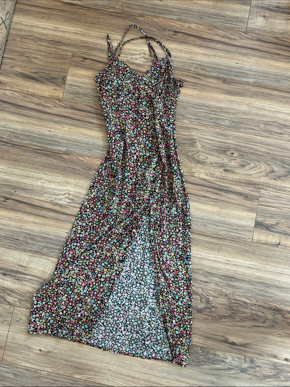 Zara Black Floral Maxi Slip Dress with Pink & Green & Blue Accents size medium